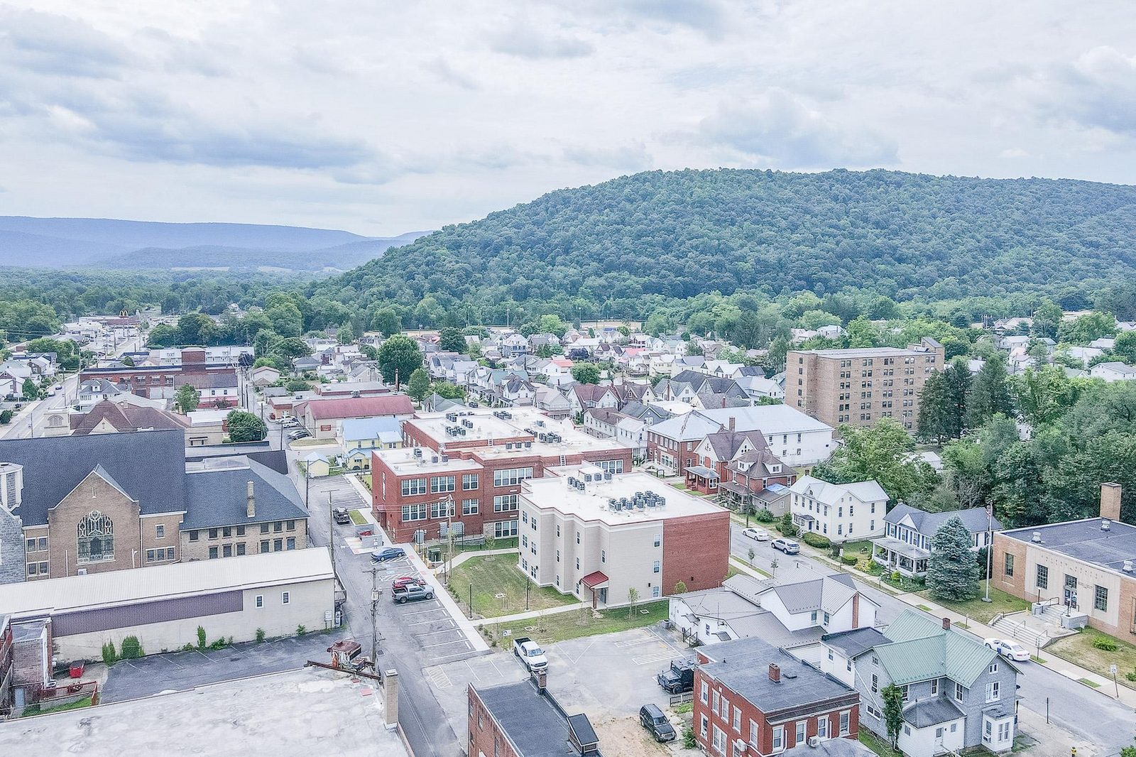 Aerial view of Mount Union, with Jacks Mountain behind town